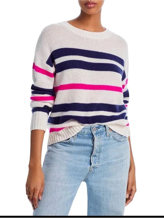 Aqua Sweaters - Aqua Cream Crewneck Sweater with Navy & Pink Stripes